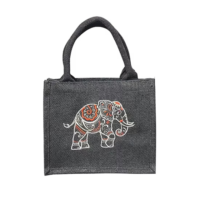 Wholesale Custom Embroidery Logo Burlap Bag Fashion Mini Small Grey Jute Bag
