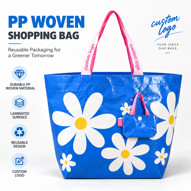 Recycled Custom Logo Size Color Laminated Eco Carry Large Capacity Waterproof Reusable Double Handles Shopping Tote Woven Bag