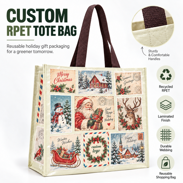 Customized Logo Printed Non-Woven RPET Shopping Bag Easy Carry Foldable Recyclable for Packaging and Eco-Friendly Use