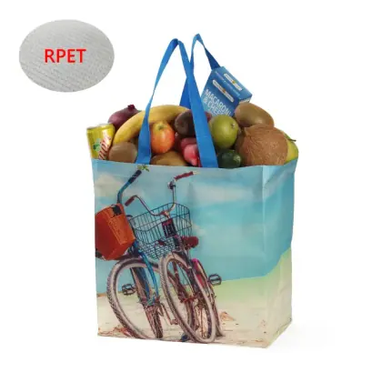 Custom Size Photo Print Heavy Duty Laminated RPET Water Resistant Reusable Easy to Clean Grocery Shopper Tote Bags Wholesale