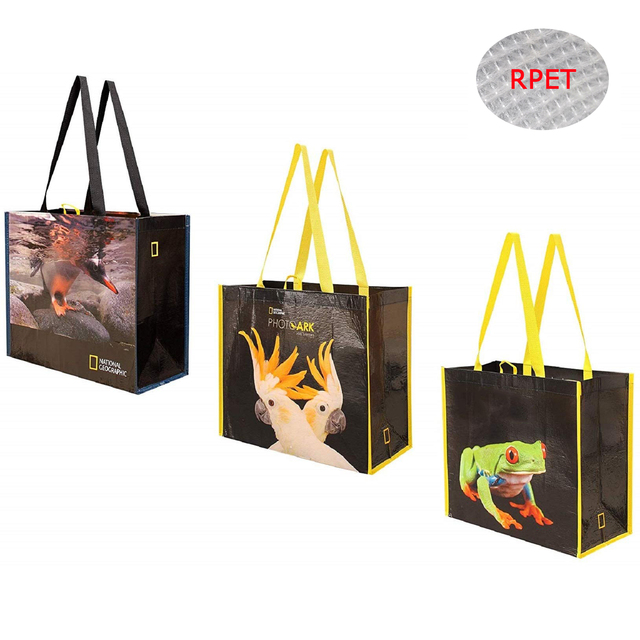 Custom Logo Durable Heavy Duty Laminated RPET Water Resistant Easy to Clean Reusable Grocery Shopping Totes Bags Wholesale