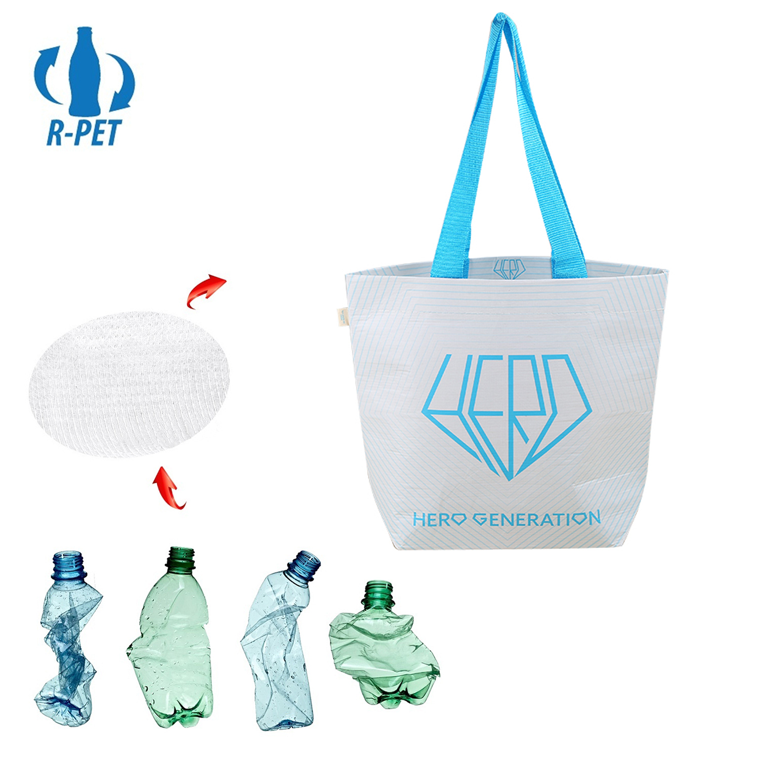 Custom Logo Laminated RPET Tote Bag with Blue Handles Recycled Eco Friendly Reusable Grocery Shopping Bags
