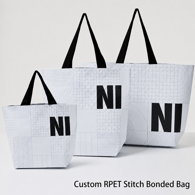 Custom Logo Printed Eco Reusable 100% Recycle White Laminated RPET Stitch Bonded Bag for Grocery Apparel Clothing Shopping