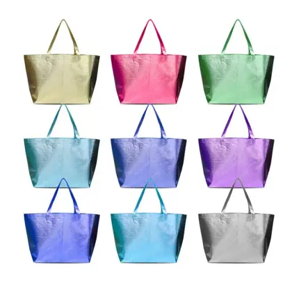 Promotional Supermarket Food Advertisement Large Capacity Recycled Reusable Rose Gold Laminated Metallic Non Woven Bags