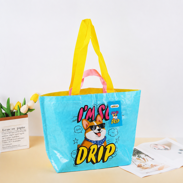 Custom Printed Double Sided PP Woven Tote Bag Corgi Cartoon Design Blue Yellow Heavy Duty Reversible Reusable Grocery Carry Bag