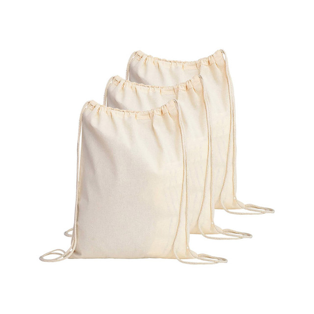 Custom Logo Printed Cotton Drawstring Backpack Gym Sack Canvas Cinch Sport Pouch White Beige Drawstring Bags