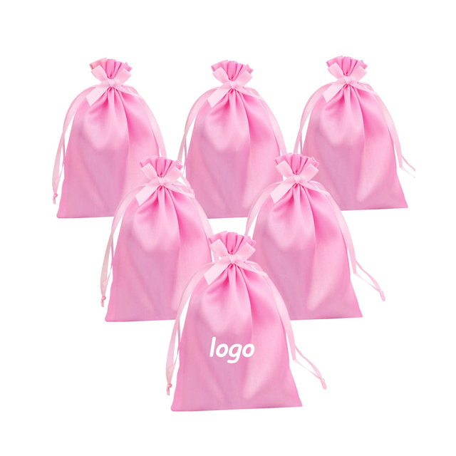 Custom Logo 5x7 Pink Satin Gift Bags Wedding Favour Bags Silk Jewelry Pouch Small Satin Drawstring Bag With Logo