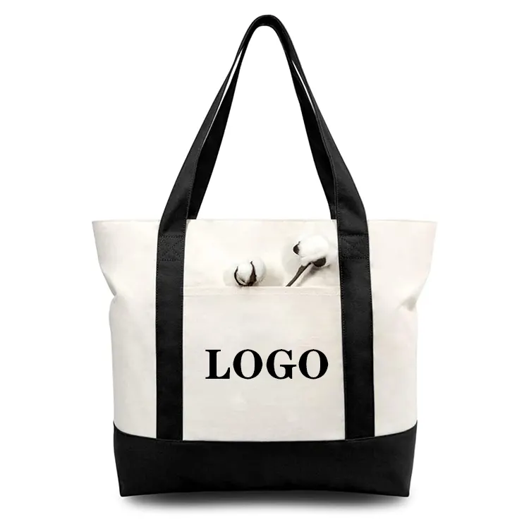 Fashion Reusable Custom Logo Women Heavy Duty Beach Tote Bag Large CottonCanvas With Pockets