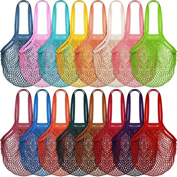Reusable Grocery Washable Fruit Vegetable Produce Long Handle Storage Netted Tote Organic Cotton Mesh Bags