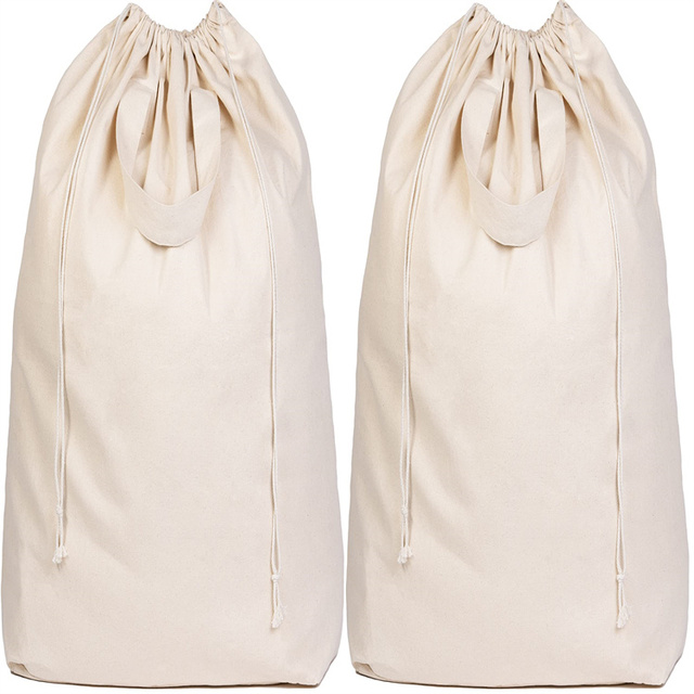 Heavy Duty Straps Reusable Large Natural Cotton Canvas Laundry Drawstring Bag