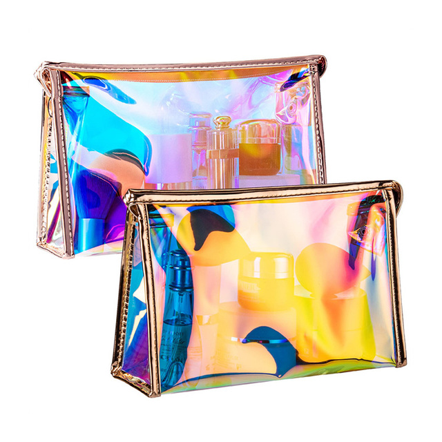 Custom Logo PVC Bag Holographic Laser Plastic Ziplock Bag for Clothing/holographic Make up Bag With Metal Zipper