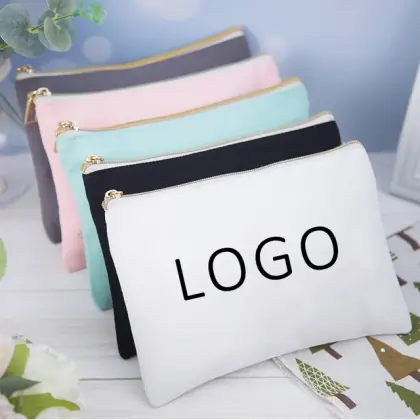 Eco Friendly Custom Cotton Blank Zipper Pouch Make up Bags Plain Cotton Canvas Makeup Cosmetic Bag With Logo