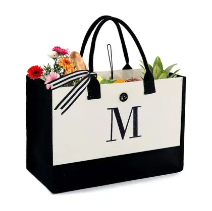 Personalized Initial Canvas Beach Tote Bag High-Capacity Monogrammed Gift Tote Canvas Shopping Bag for Women