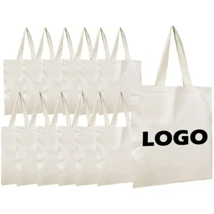 Wholesale Custom Print Logo Reusable Plain White Blank Cotton Canvas Tote Grocery Shopping Bag Eco-Friendly Bulk with Pockets