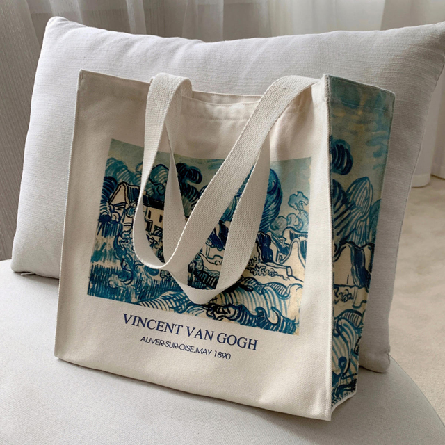 Custom Design Van Gogh Clouds Classic Thick Cotton Canvas Bag Popular Style Zipper Single Shoulder Shopping Tote Bag