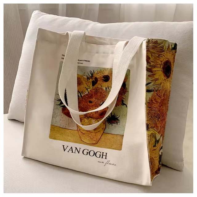 Poetry Lifest Van Gogh Classic Sunflower Oil Painting Cotton Canvas Bag Pop Style Zipper One Shoulder Shopping Handbag Tote Bag