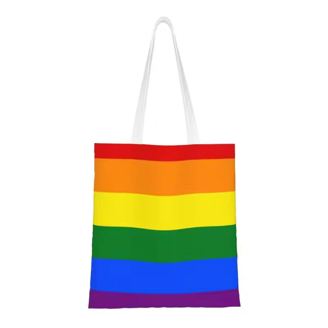 Custom Reusable Gay Pride Rainbow Flag Shopping Bag Cotton Canvas Shoulder Tote Bag Washable Grocery Shopper Bags