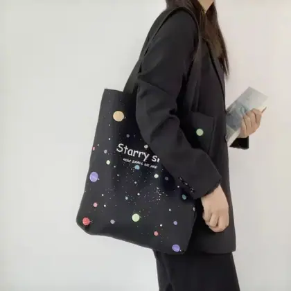 定制星空印花棉质帆布托特包女孩时尚简约大容量购物袋带口袋手提包女式单肩包