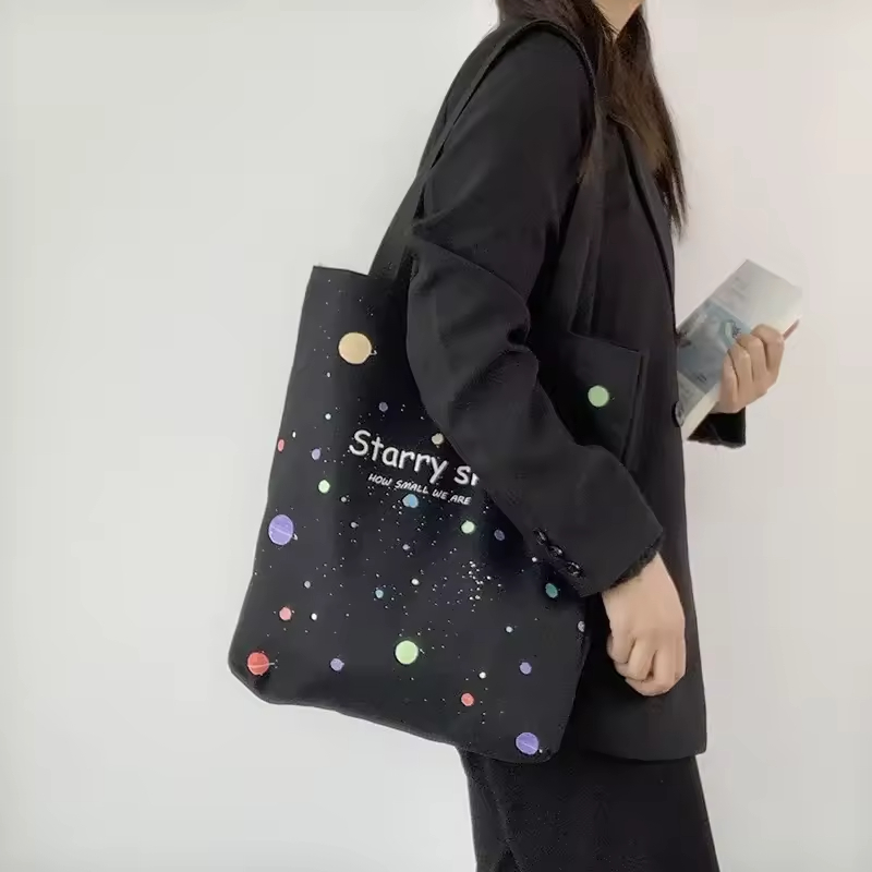 Custom Starry Printed Cotton Canvas Tote Girl Fashion Simple Large Capacity Shopper Bag With Pocket Handbag Women Shoulder Bag