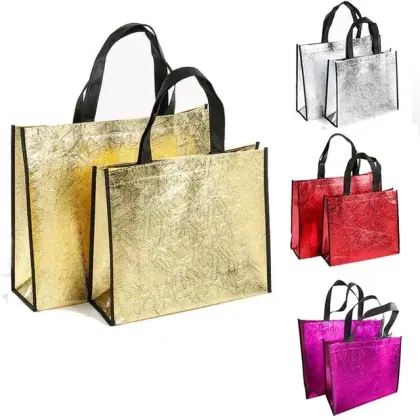 Custom Reusable Laser Non Woven Shopping Bag Lamination Metallic Gold Silver Red Non Woven Fabric Tote Bag