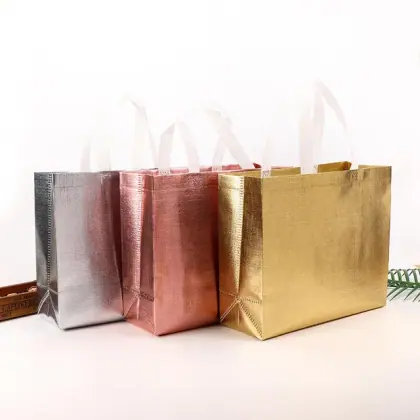 Custom Rose Gold Shiny Glossy Metallic Laminated Non Woven Tote Reusable Portable Gift Shopping Bag