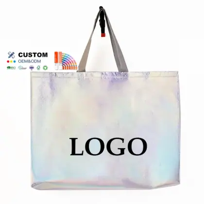 Fashion Cheap Logo Printed Custom Made Shopping Bags Reflective Silver Metallic Laser Non Woven Fabric Shopping Tote Bag
