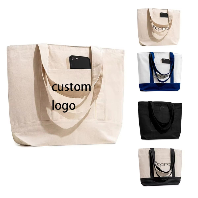 Custom Logo Women's Organic Plain Large Cotton Canvas Tote Shopping Bags With Pocket and Zipper Custom Printed Logo