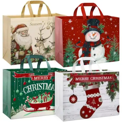 Christmas Gift Bag Reusable Tote Bags with Handle Non-Woven Grocery Shopping Totes Santa Claus Snowman Reindeer Bag