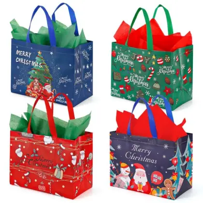 Christmas Gift Bag Reusable Tote Bags with Handle Non-Woven Grocery Shopping Totes Santa Claus Snowman Reindeer Bag