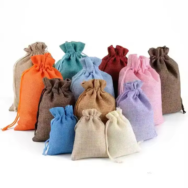 Custom Logo Printed Burlap Hessian Coffee Gift Drawstring Jute Gunny Pouch Brown Cotton String Jute Bag