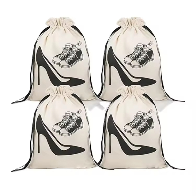 Custom Logo Silk Screen Print Organic Cotton Muslin Double Shopping Canvas Dust Clothes Bag Drawstring Pouch Dust Bag for Shoe