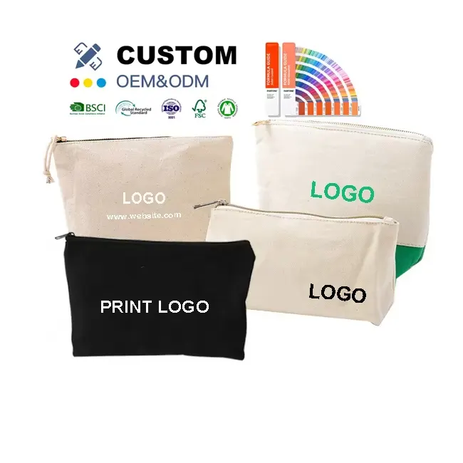 高品质定制尺寸logo印花时尚棉帆布面料化妆包带拉链袋