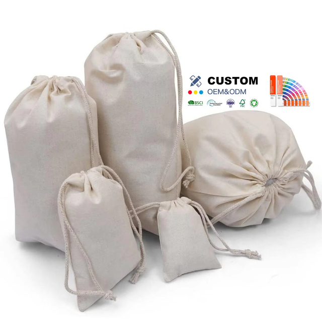 Premium Plain Cotton Muslin Double Drawstring Shopping Bags Reusable Bag Natural Cotton Bags with Drawstring