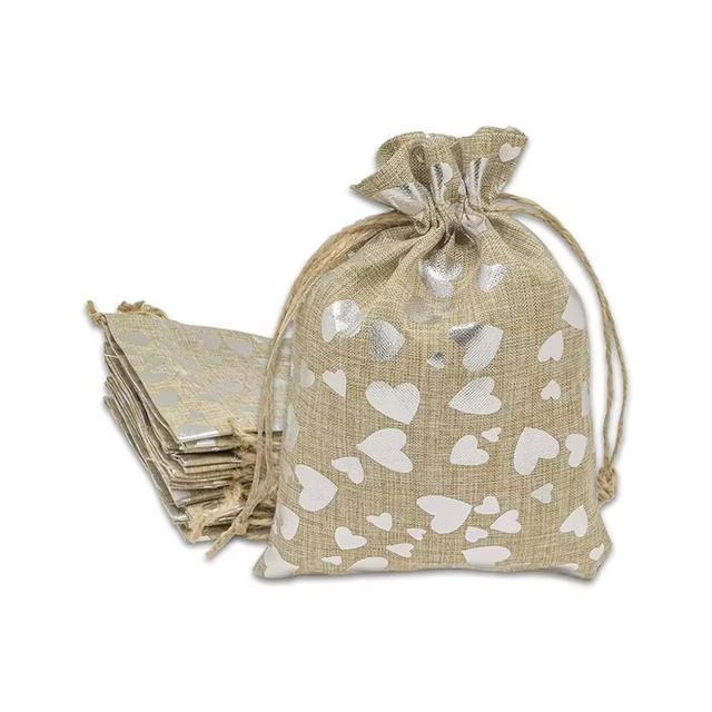 Custom Size Printed Jute Burlap Linen Canvas Gift Bags Presents Party Favors Burlap Linen Drawstring Gift Bag with Heart logo