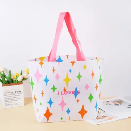 Fashionable Custom Colorful Pink White Star Print Durable Recyclable RPET Stitch Bonded Non-woven Fabric Tote Bag for Shopping