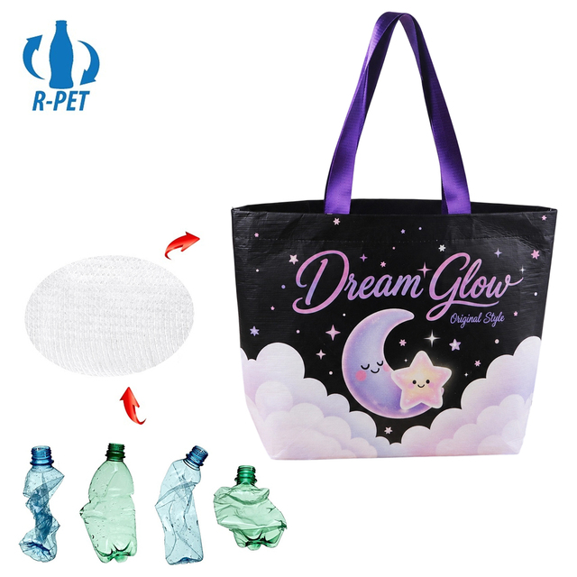 Large Capacity Custom Cute Cartoon Printed Fashionable Recyclable Waterproof Laminated RPET Stitch Bonded Non-woven Tote Bags