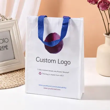 Recycled Custom Foldable Flat Bottom Stand up Gift Packaging Shopping Waterproof RPET Tarpaulin Stitch Bonded Nonwoven Tote Bags