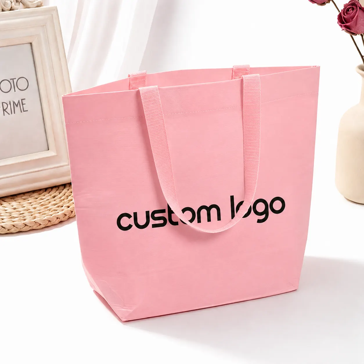 Customizable Colors Recycled Waterproof Pink Laminated RPET Stitch Bonded Non-woven Fabric Tote Bag for Shopping Travel Beach