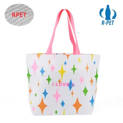 Fashion Multi Color Laminated RPET Stitch Bonded Tote Bag Custom Logo Recycled Eco-Friendly Reusable Grocery Shopping Handbag