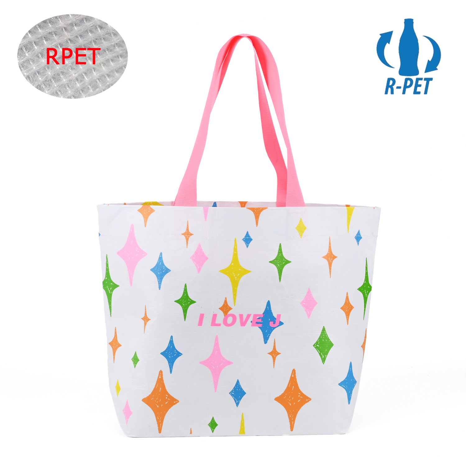 Fashion Multi Color Laminated RPET Stitch Bonded Tote Bag Custom Logo Recycled Eco-Friendly Reusable Grocery Shopping Handbag