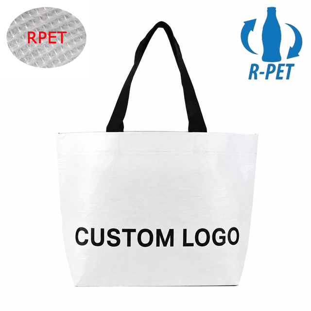 Sustainable Laminated RPET Stitch Bonded Tote Bag Custom Printed Recycled Eco Friendly Reusable Grocery Shopping Bags in Bulk