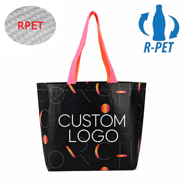 Eco Friendly Recycled Material Laminated RPET Stitch Bonded Bag Custom Logo Reusable Shopping Gift Tote for Green Business
