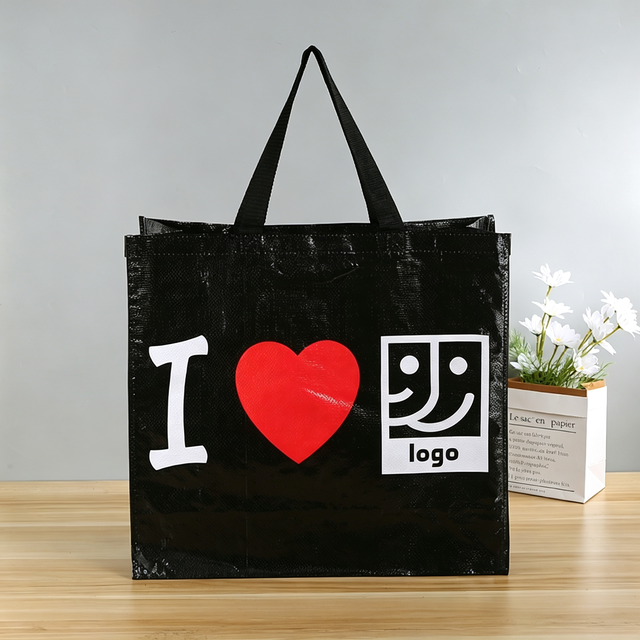 Custom Logo Laminated PP Woven Tote Bag with Heart Design Reusable Sustainable Grocery Shoulder Bag for Promo Marketing Bulk