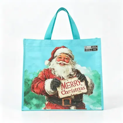 Custom Christmas Print Laminated Reusable Santa PP Woven Shopping Tote Bag  Eco-friendly Recyclable with Webbing Handles