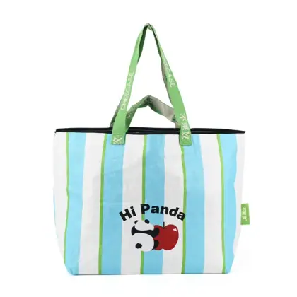 Custom Kawaii Animal Laminated PP Woven Striped Zip Tote Cute Panda Apple Graphic Reusable Shopper for Gift Shop Kids Youth