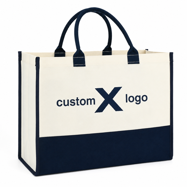 Navy Blue Organic Cotton Canvas Tote Bag with Custom Printed Logo Reusable Eco Friendly Shopping Bag for Cruise Travel Gift