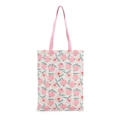 Custom Printed Peach Pattern Organic Cotton Canvas Tote Bag Pink Straps Reusable Eco Friendly Shopping Bags with Logo