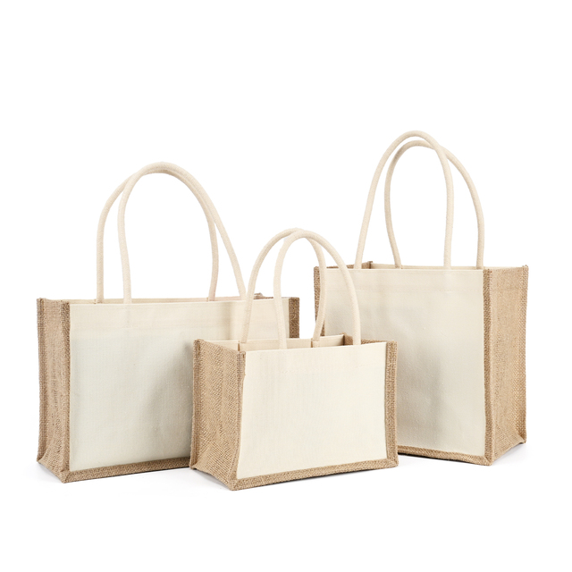 Wholesale Custom Printed Logo Eco-Friendly Jute Burlap Linen Tote Bag Large Capacity Rope Handle for Women Beach Shopping