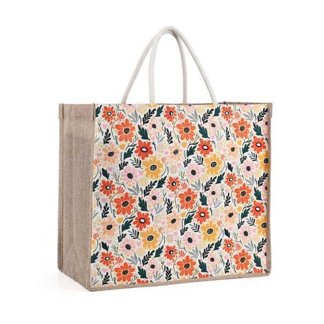 Wholesale Floral Printed Jute Burlap Tote Bags Reusable Eco Friendly Shopping Gift Bags with Handles for Boutique Retail