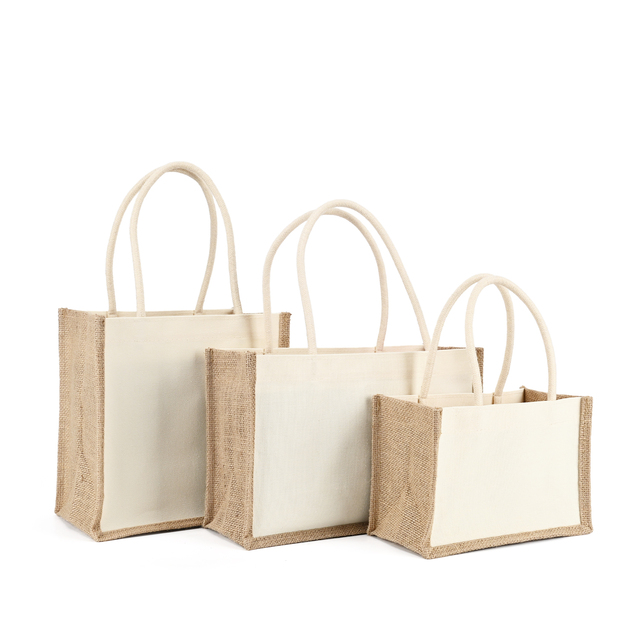 Custom Blank Jute Burlap Tote Bags Reusable Canvas Panel Shopping Gift Bags with Rope Handles for Retail Wholesale